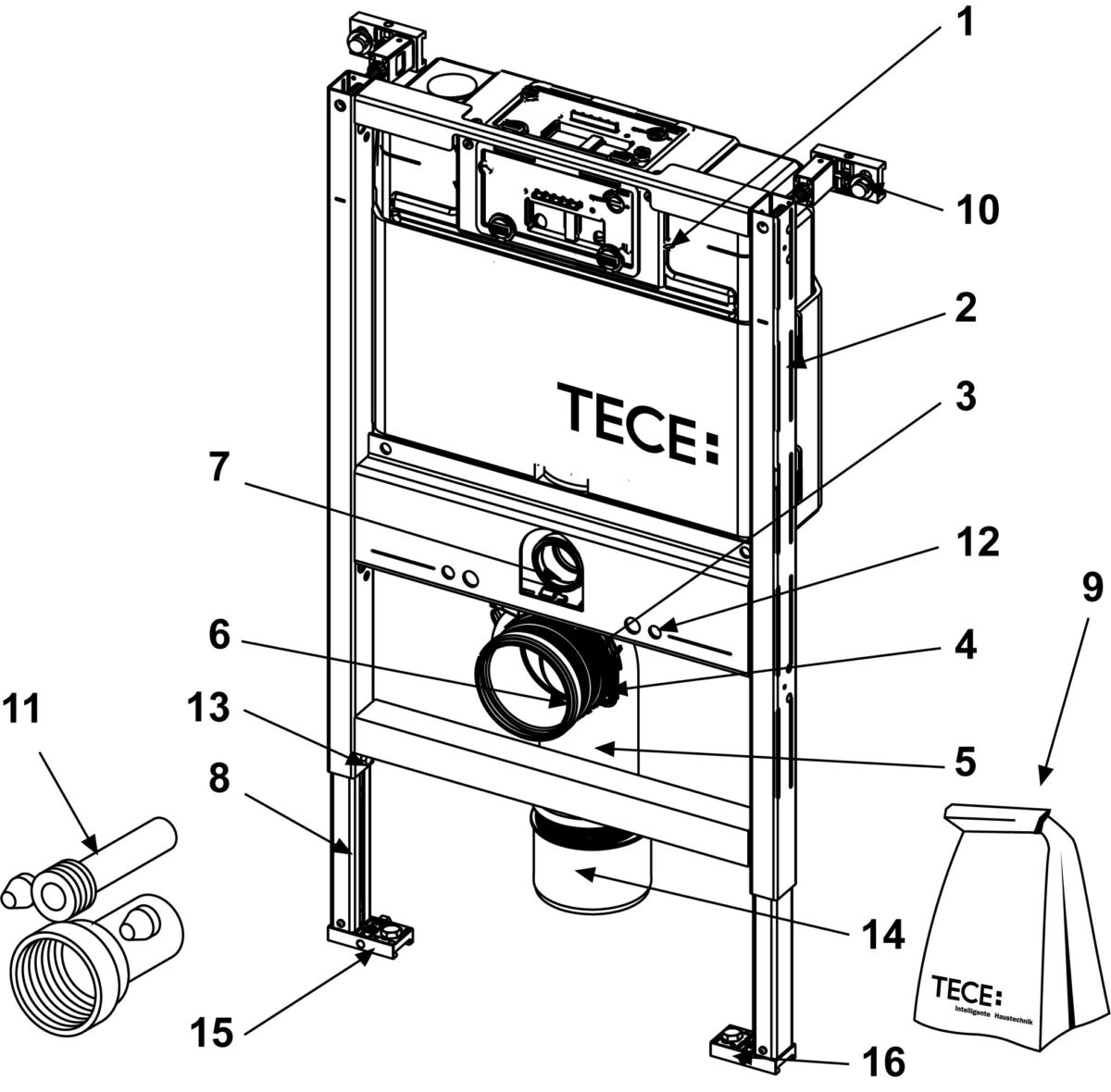 Rezervor WC cu cadru TECE STANDARD, actionare frontala sau superioara, inaltime 820 mm - 9300001